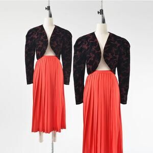 Vintage 80s Black Velvet Scott McClintock Bow Print Puff Sleeve Bolero Jacket M